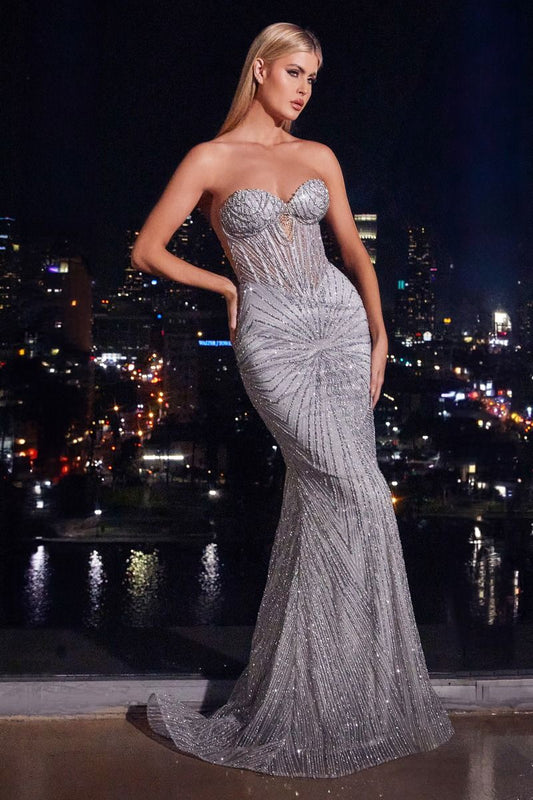 Strapless Silver Embellished Gown-0