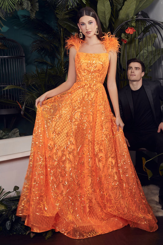 NEON ORANGE BALL GOWN WITH FEATHERS CDKV1076-0