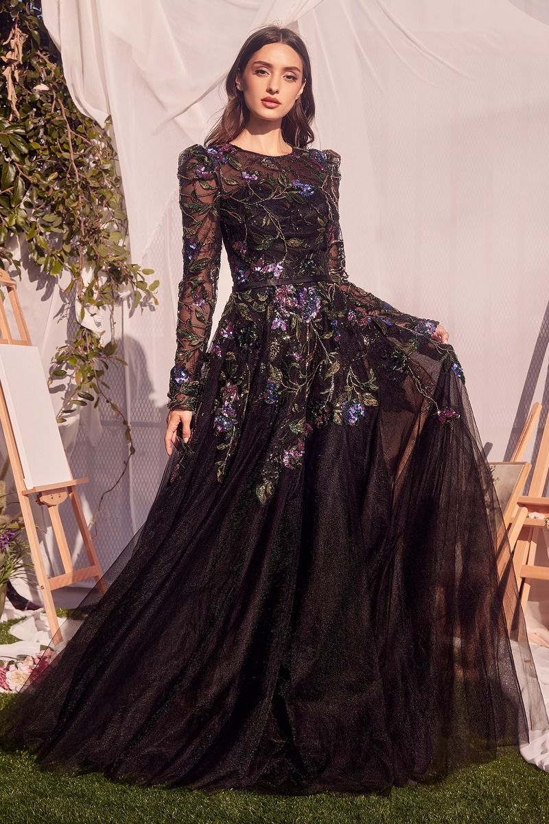 LONG SLEEVE BLACK EMBELLISHED BALL GOWN CDMA107-0