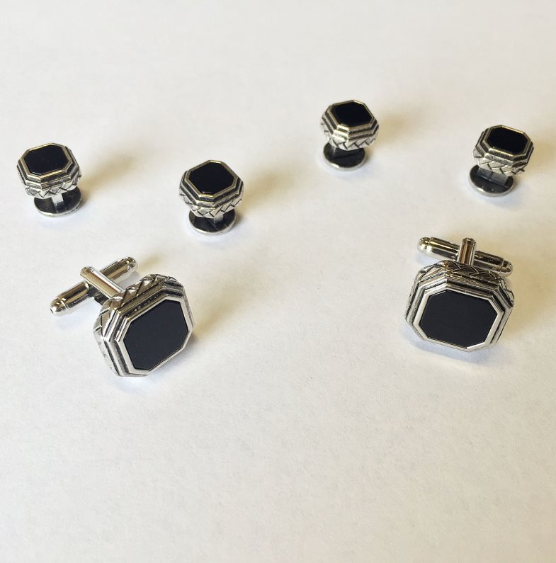 Octagon Mother of Pearl with Antique Silver Edge Studs and Cufflinks Set-1