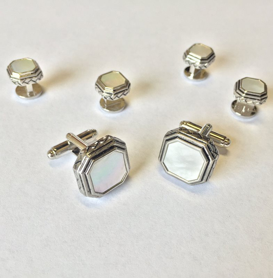 Octagon Mother of Pearl with Antique Silver Edge Studs and Cufflinks Set-0