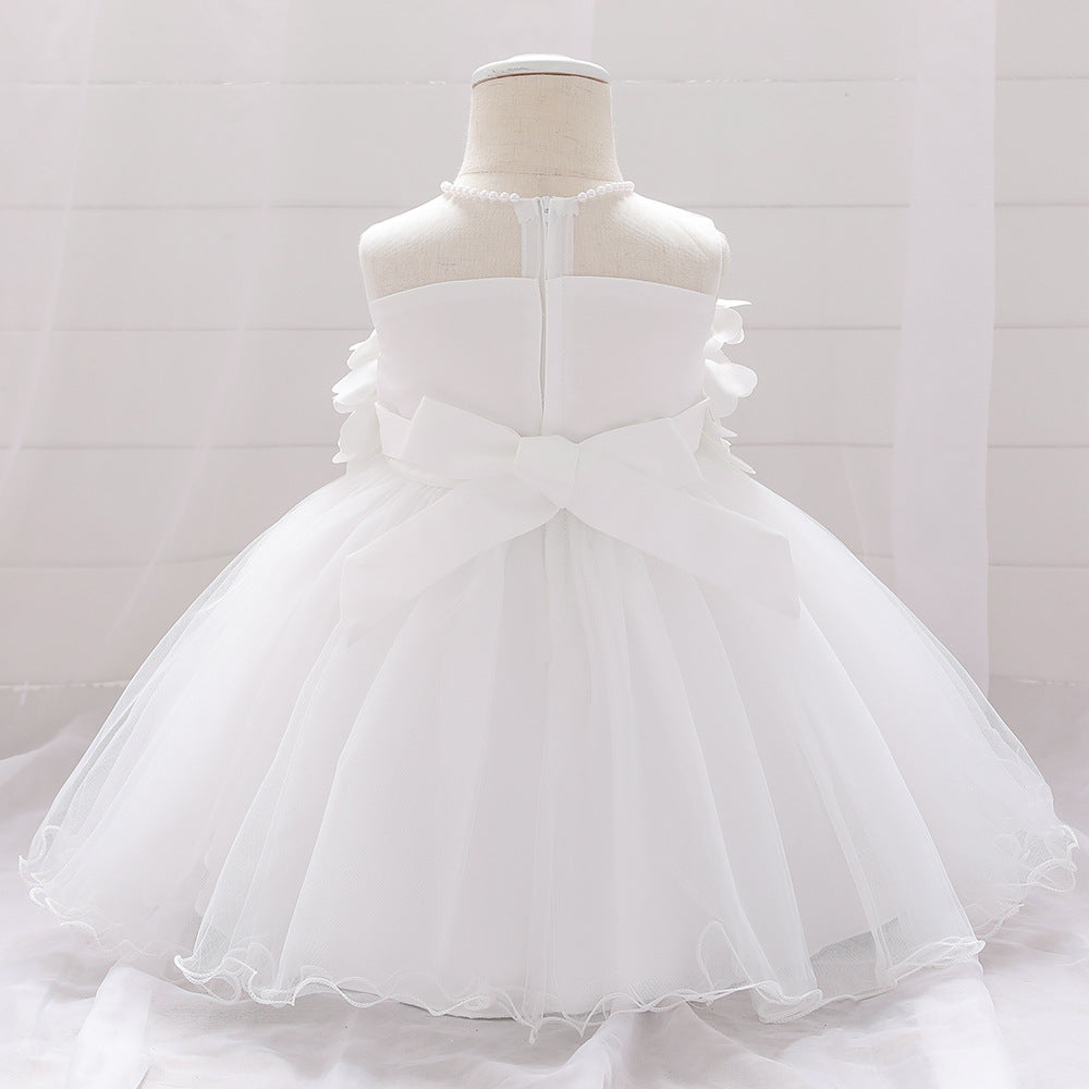 Baby Girl Petal Patched Design Sleeveless Full Moon Christening Mesh Dress-14