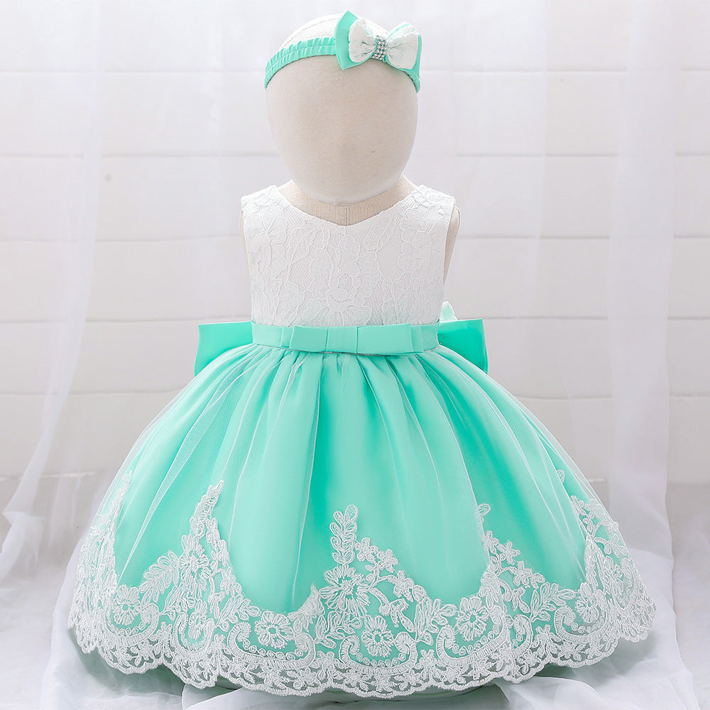 Baby Girl Floral Mesh Overlay Design Princess Full Moon Formal Dress & Headband-11