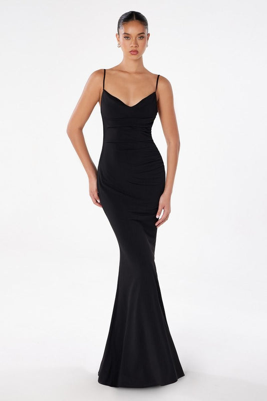 U-back mermaid dress with lace and spaghetti straps-0