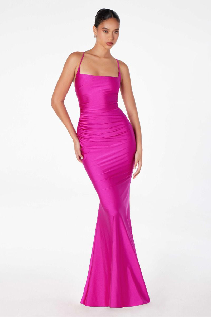 Mermaid dress with square neckline, spaghetti straps and corset back-4
