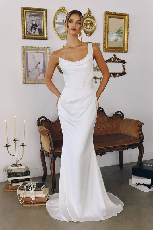 One-Shoulder Stretch Satin Gown Blends Sculpted, Draping-0