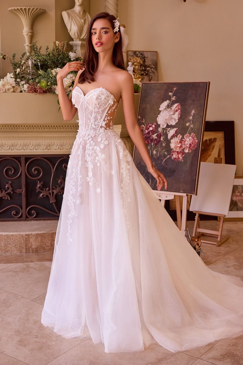 FLORAL APPLIQUED STRAPLESS WEDDING BALL GOWN CDWL032-2