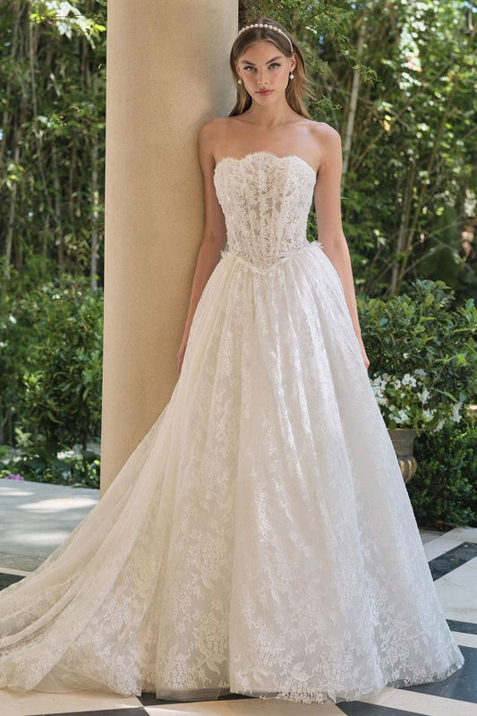 A-Line Wedding Gown With A Strapless Sweetheart Neckline And Intricately Embroidered Lace Bodice.-0
