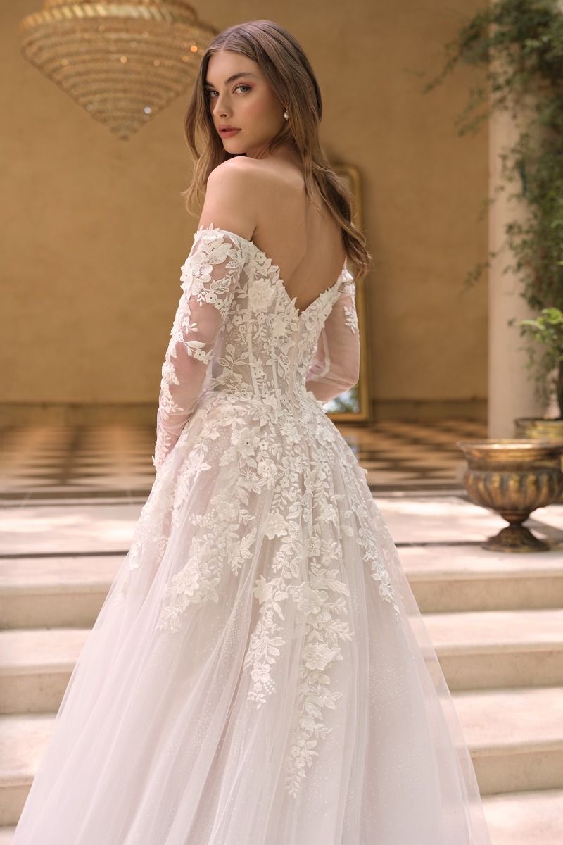 Off-The-Shoulder Neckline with Sheer Illusion Sleeves and A Corseted Bodice.-3