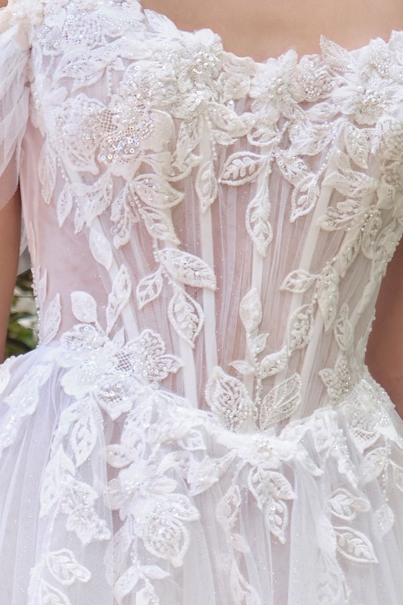 Wedding Ball Gown An Off-The-Shoulder Illusion Bodice Adorned With Cascading Floral Lace Appliqué And Dimensional Textures-3