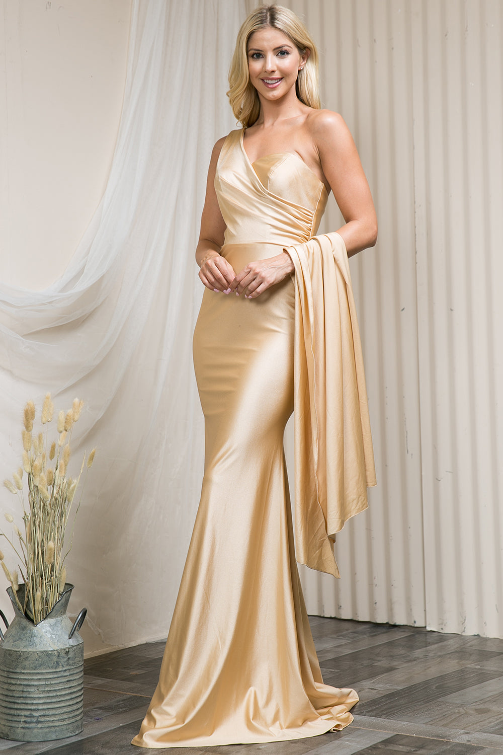 One Shoulder Fit & Flare Lycra Eleganr Side Cape Long Prom Dress AC387-2