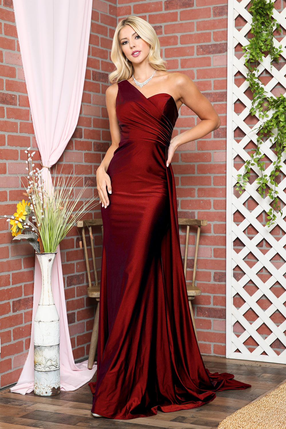 One Shoulder Fit & Flare Lycra Eleganr Side Cape Long Prom Dress AC387-8
