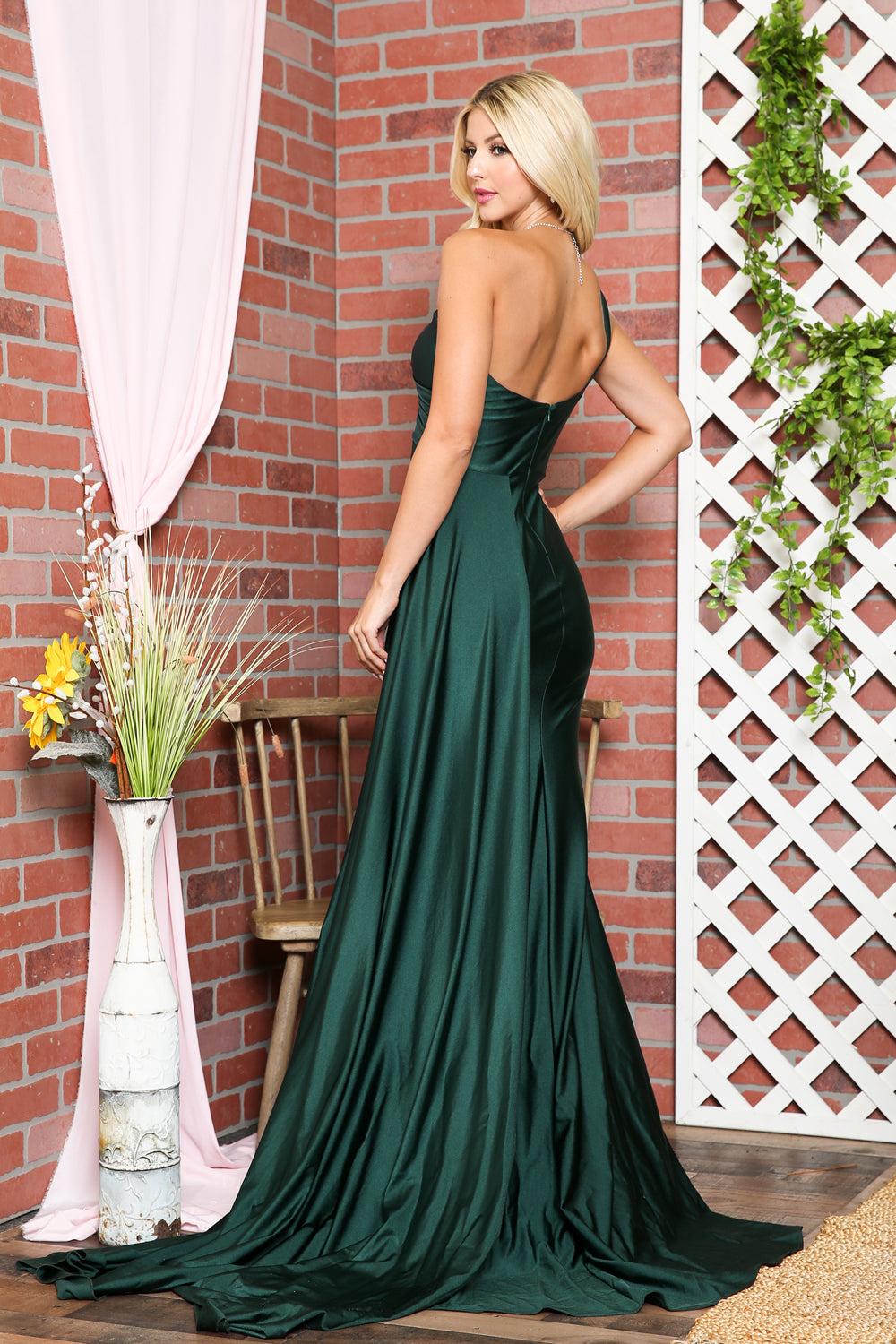 One Shoulder Fit & Flare Lycra Eleganr Side Cape Long Prom Dress AC387-11