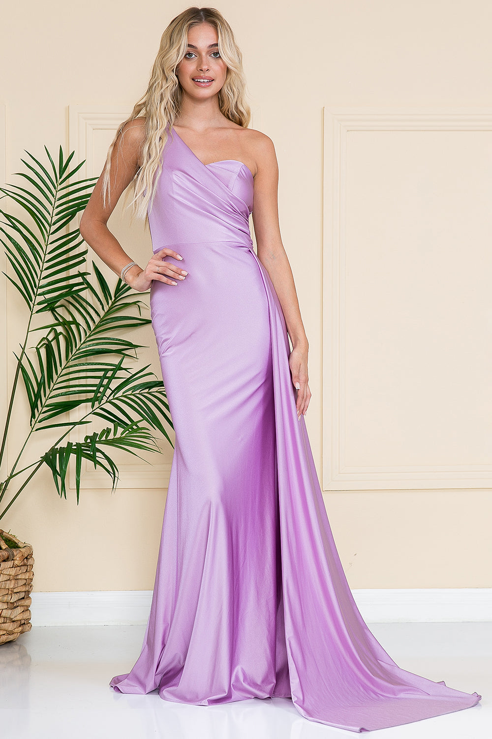One Shoulder Fit & Flare Lycra Eleganr Side Cape Long Prom Dress AC387-13