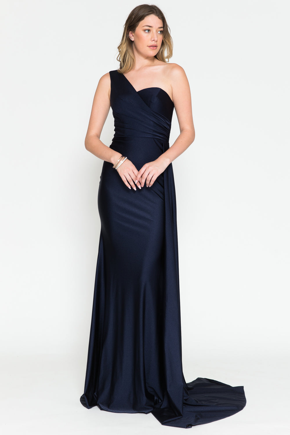One Shoulder Fit & Flare Lycra Eleganr Side Cape Long Prom Dress AC387-15