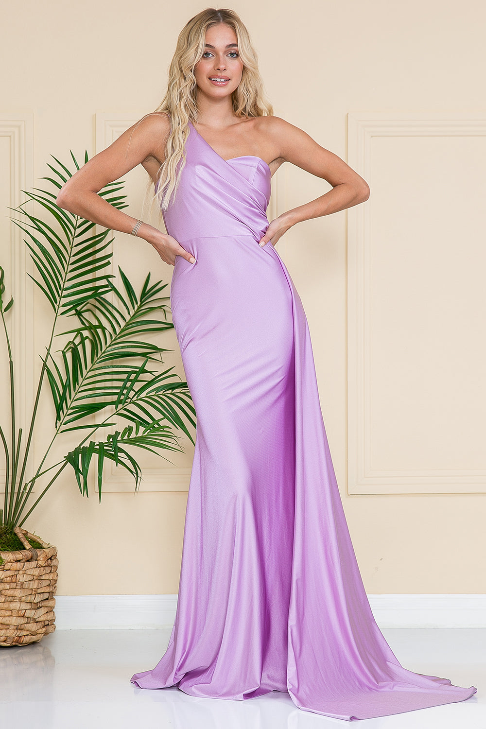 One Shoulder Fit & Flare Lycra Eleganr Side Cape Long Prom Dress AC387-14