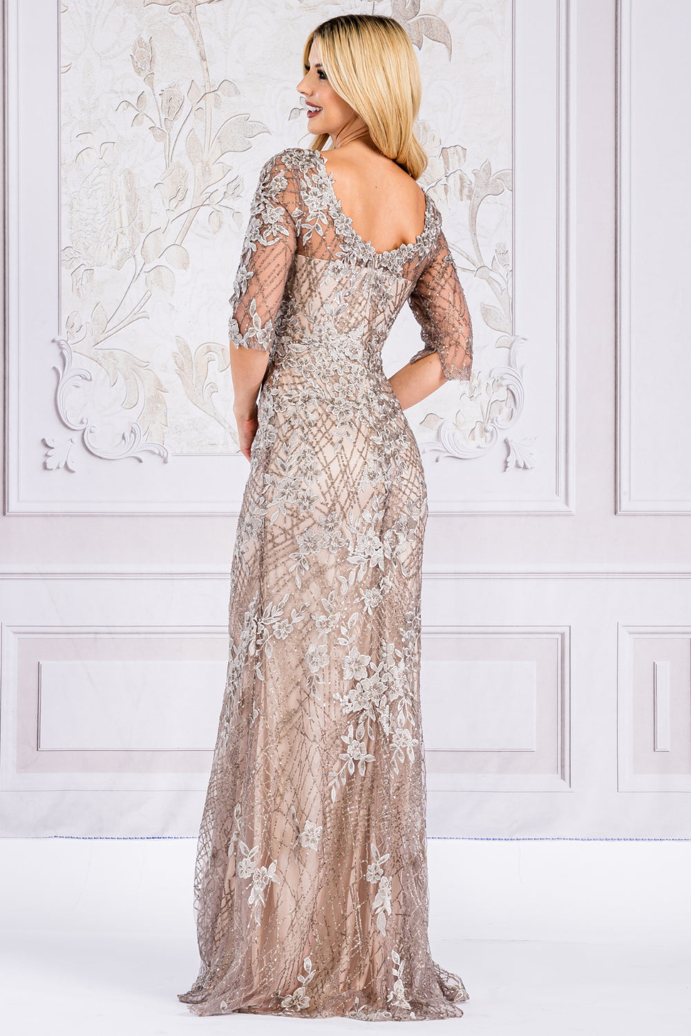Embroidered Lace Trumpet Sheer 3/4 Sleeves Long Mother Of The Bride Dress AC7045 Sale-2