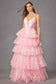 Illusion V-Neck Tulle Ruffle Skirt Lace Up Back Long Prom Dress JTJT2438K-5