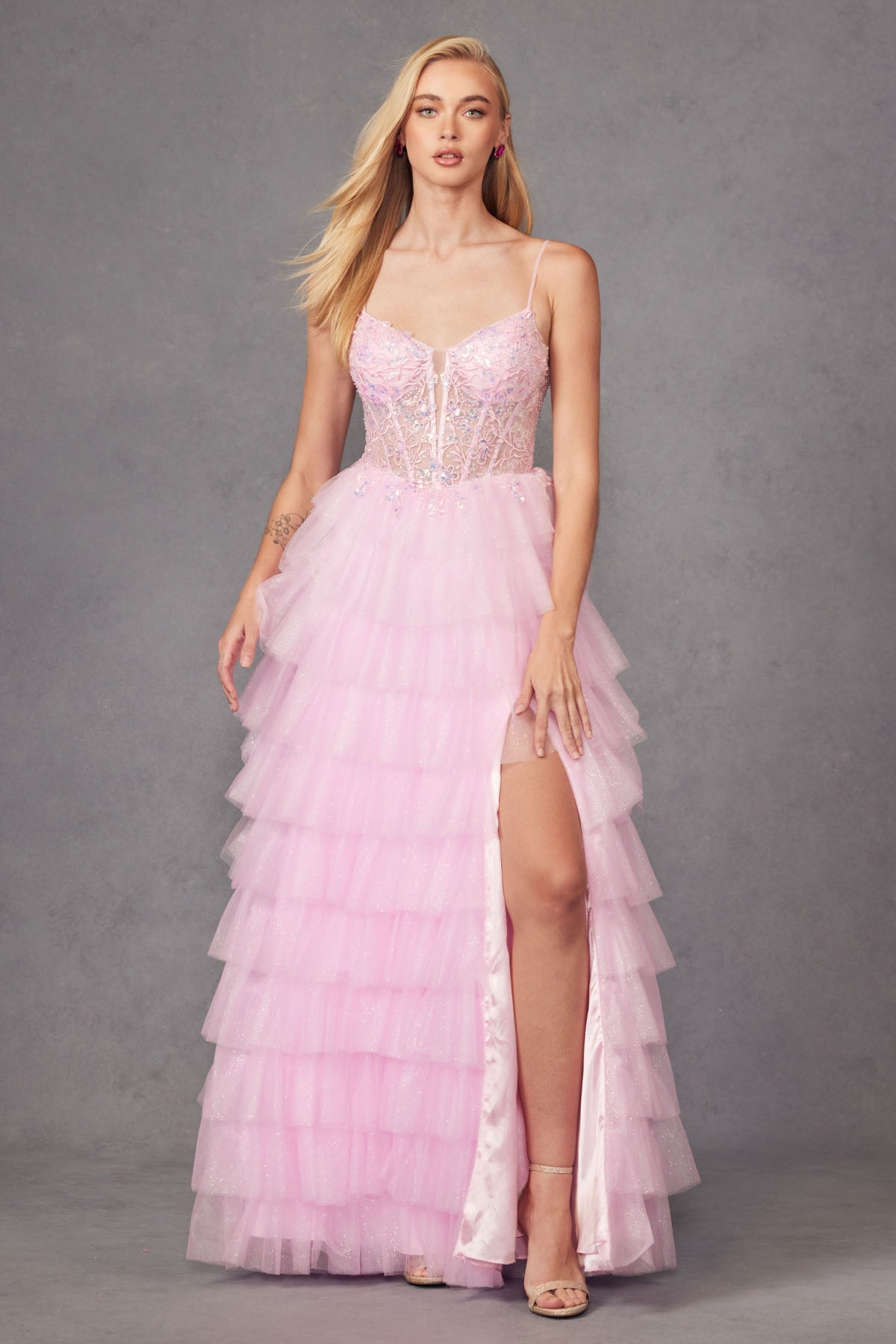 Ruffle Tulle With A Deep Lace Corset Bodice And Lace Up Back Prom Dress JTJT2458A-0