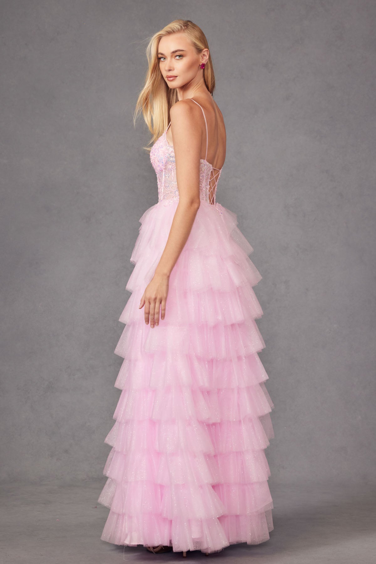 Ruffle Tulle With A Deep Lace Corset Bodice And Lace Up Back Prom Dress JTJT2458A-1