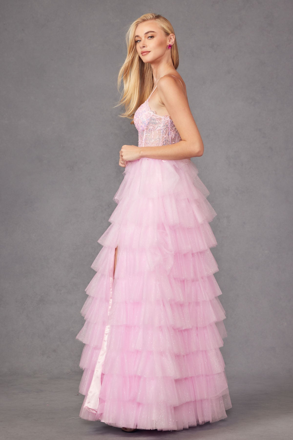 Ruffle Tulle With A Deep Lace Corset Bodice And Lace Up Back Prom Dress JTJT2458A-3