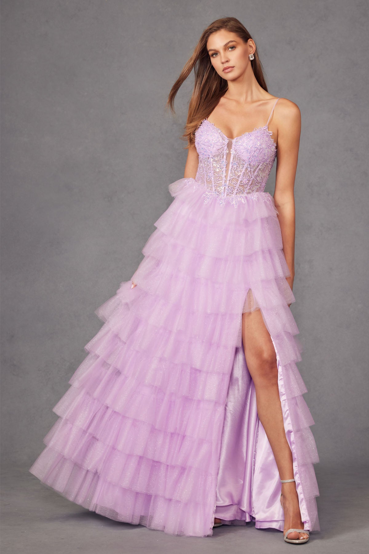 Ruffle Tulle With A Deep Lace Corset Bodice And Lace Up Back Prom Dress JTJT2458A-4