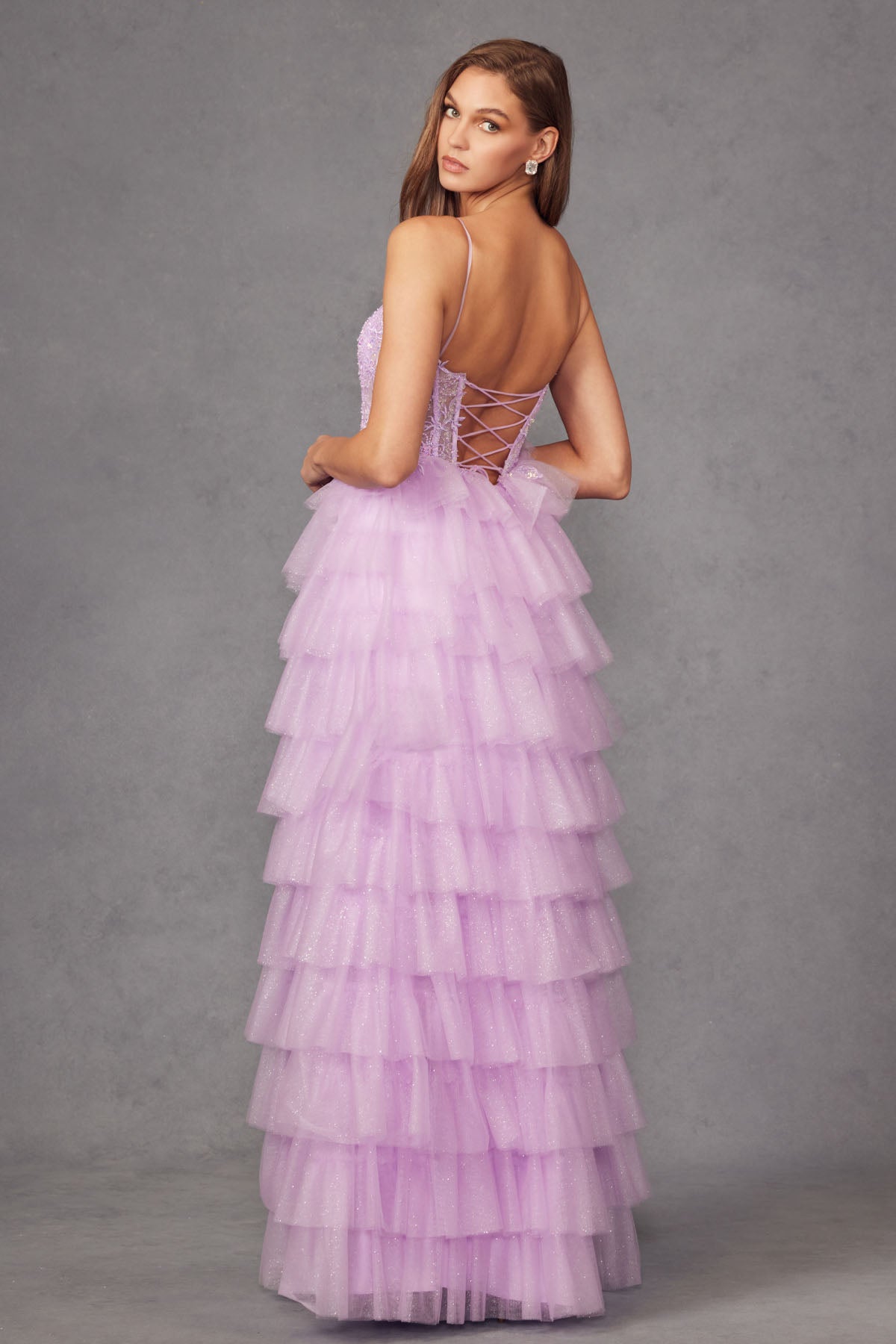 Ruffle Tulle With A Deep Lace Corset Bodice And Lace Up Back Prom Dress JTJT2458A-5