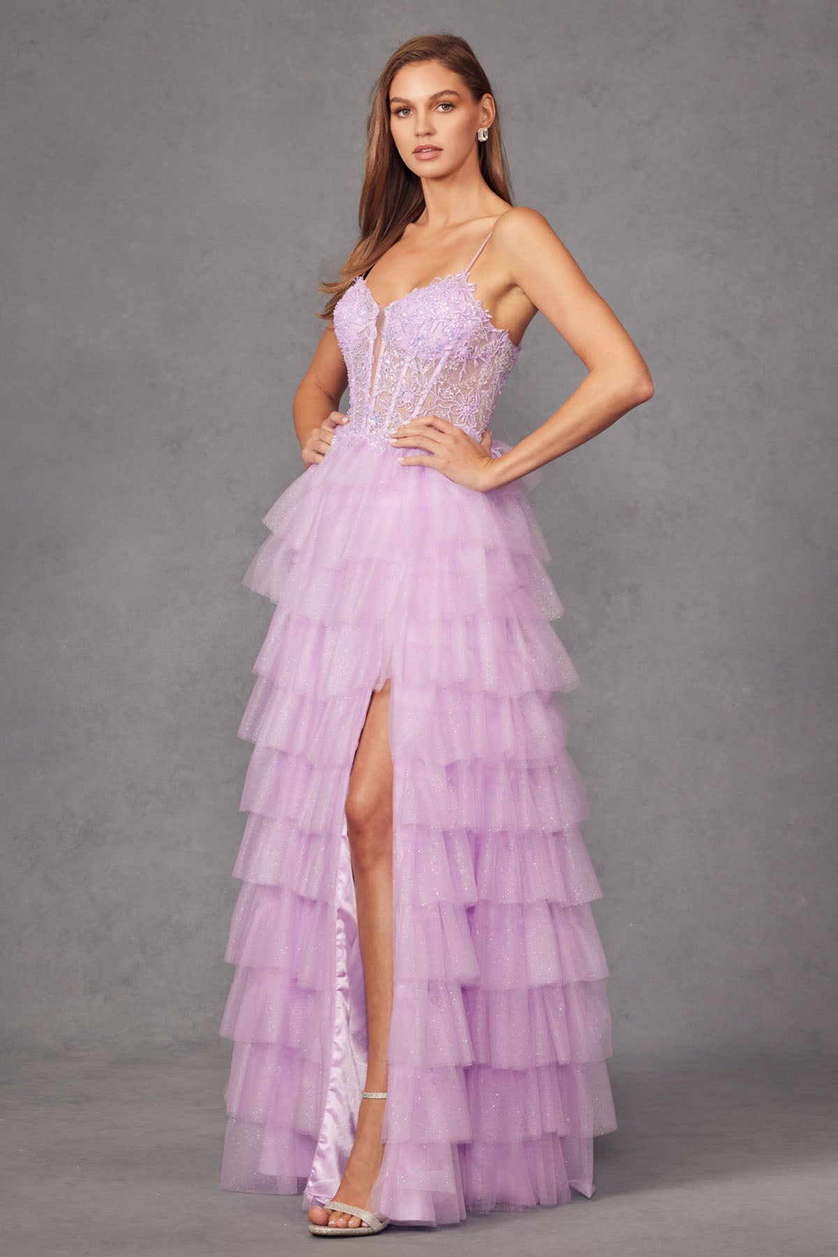 Ruffle Tulle With A Deep Lace Corset Bodice And Lace Up Back Prom Dress JTJT2458A-6