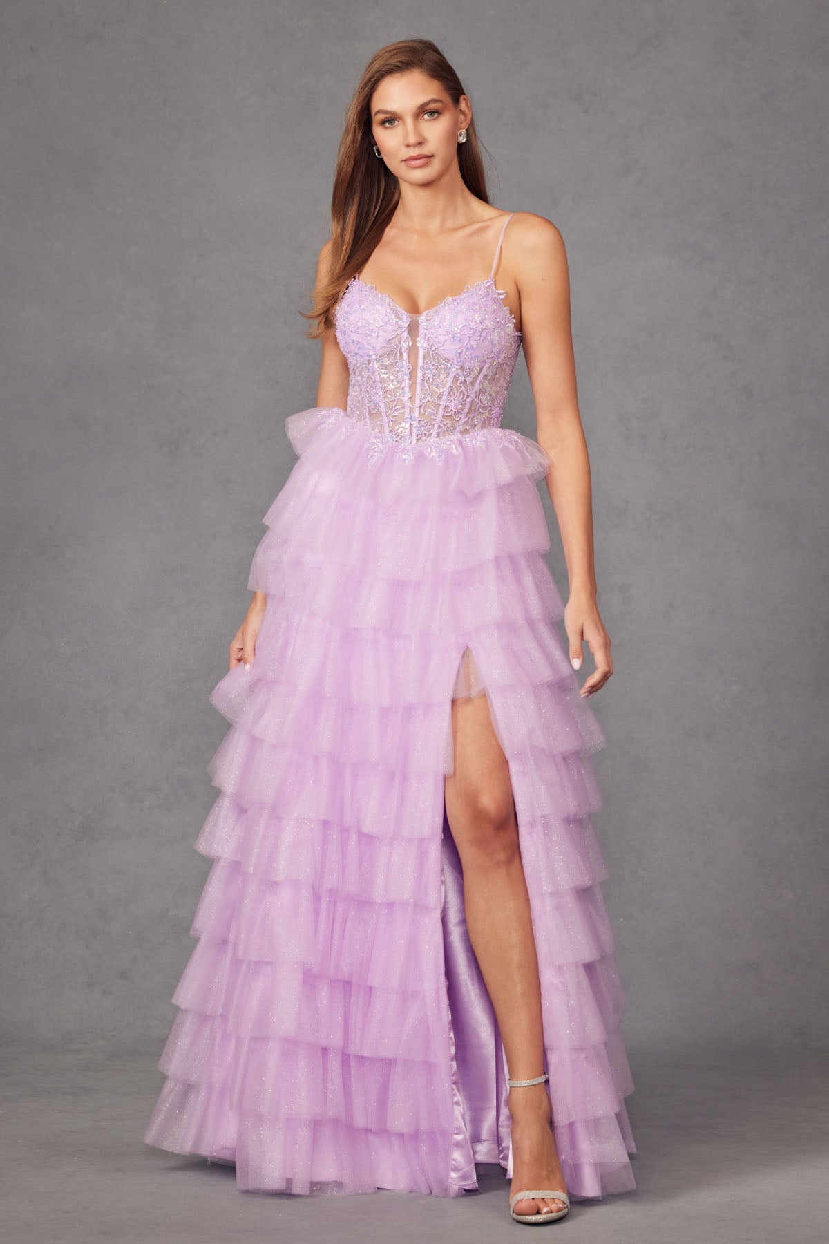 Ruffle Tulle With A Deep Lace Corset Bodice And Lace Up Back Prom Dress JTJT2458A-7