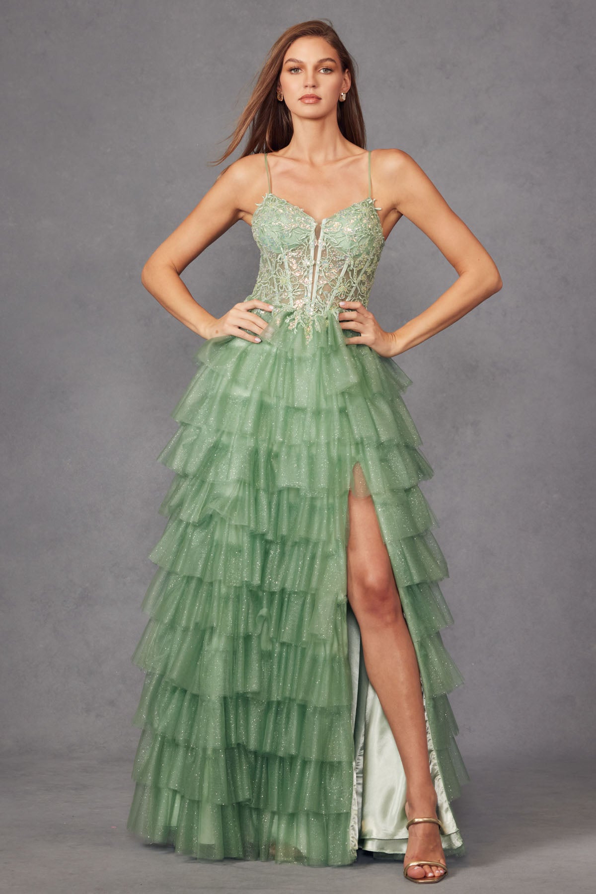 Ruffle Tulle With A Deep Lace Corset Bodice And Lace Up Back Prom Dress JTJT2458A-8