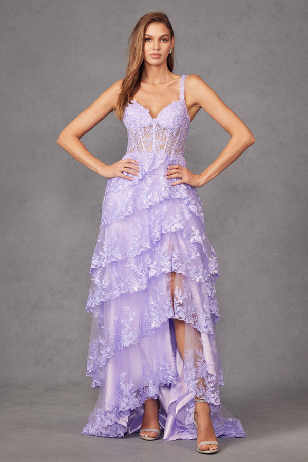 Tulle Lace Sequin Fitted Sheer Corset Bodice Ruffle Skirt High Slit Prom Dress JTJT2463A-0