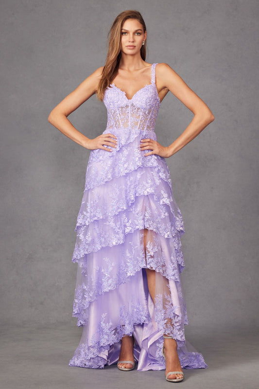 Tulle Lace Sequin Fitted Sheer Corset Bodice Ruffle Skirt High Slit Prom Dress JTJT2463A-0