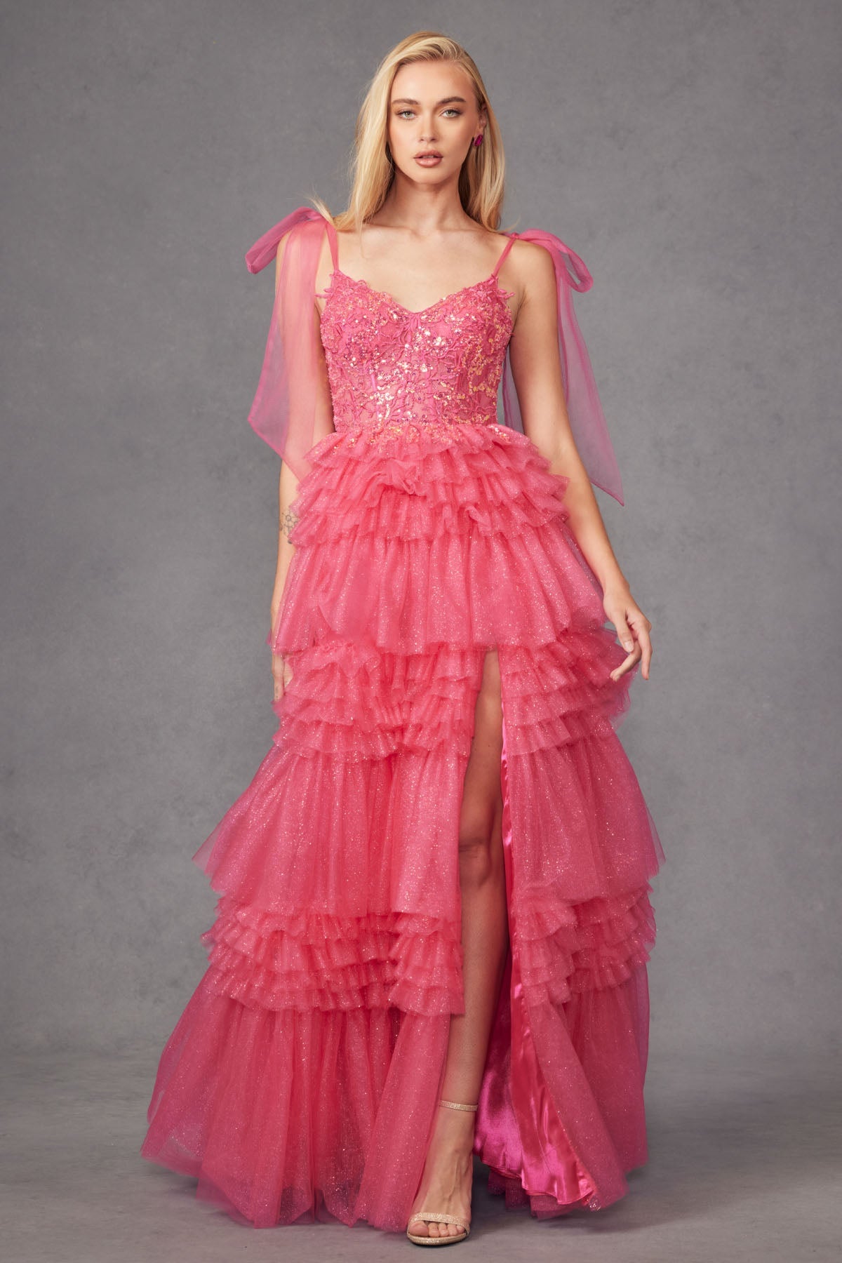 Tiered Ruffle Skirt Tulle Bows On Shoulder Sleeve Long Prom Dress JTJT2465A-6