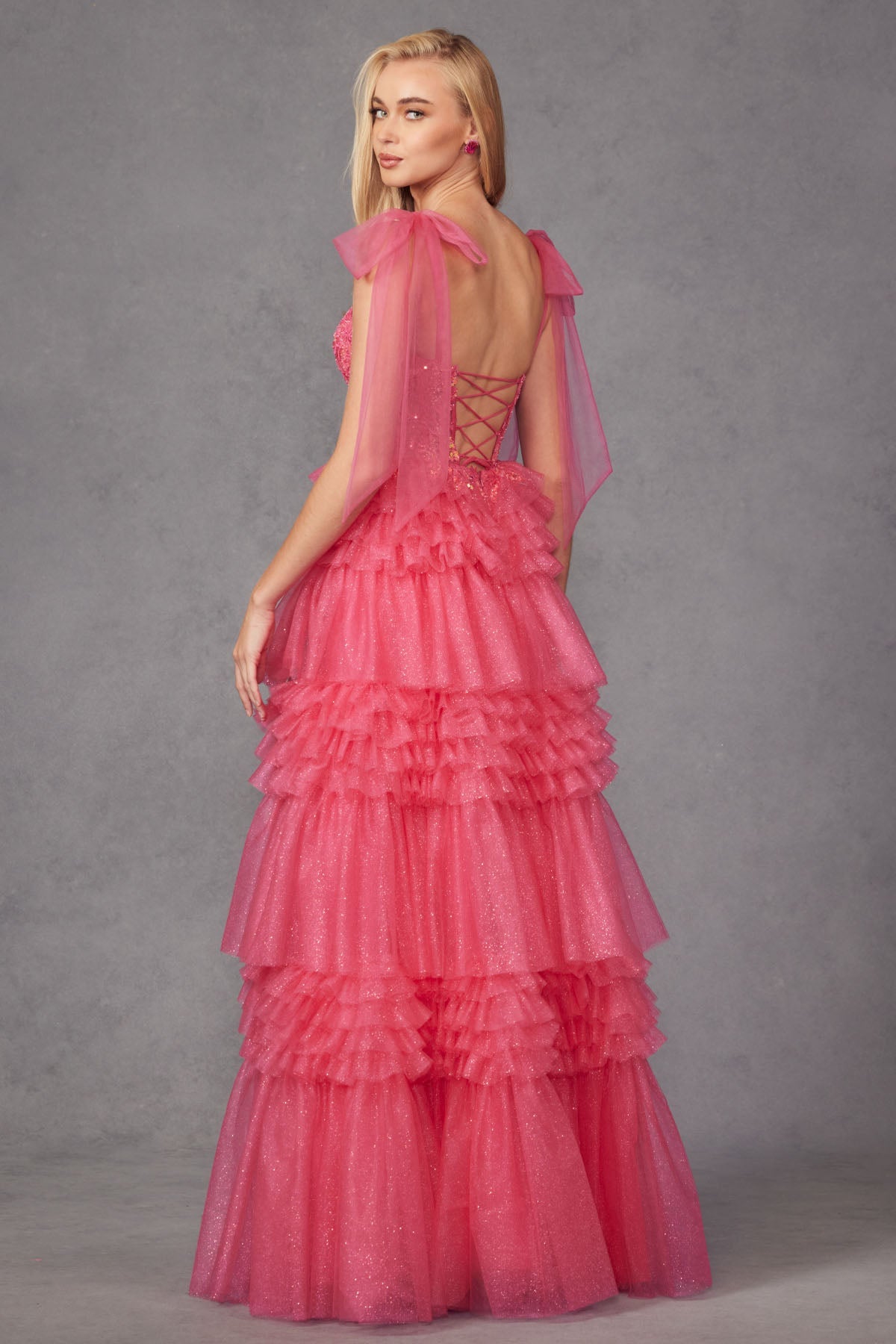 Tiered Ruffle Skirt Tulle Bows On Shoulder Sleeve Long Prom Dress JTJT2465A-7