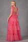 Tiered Ruffle Skirt Tulle Bows On Shoulder Sleeve Long Prom Dress JTJT2465A-7