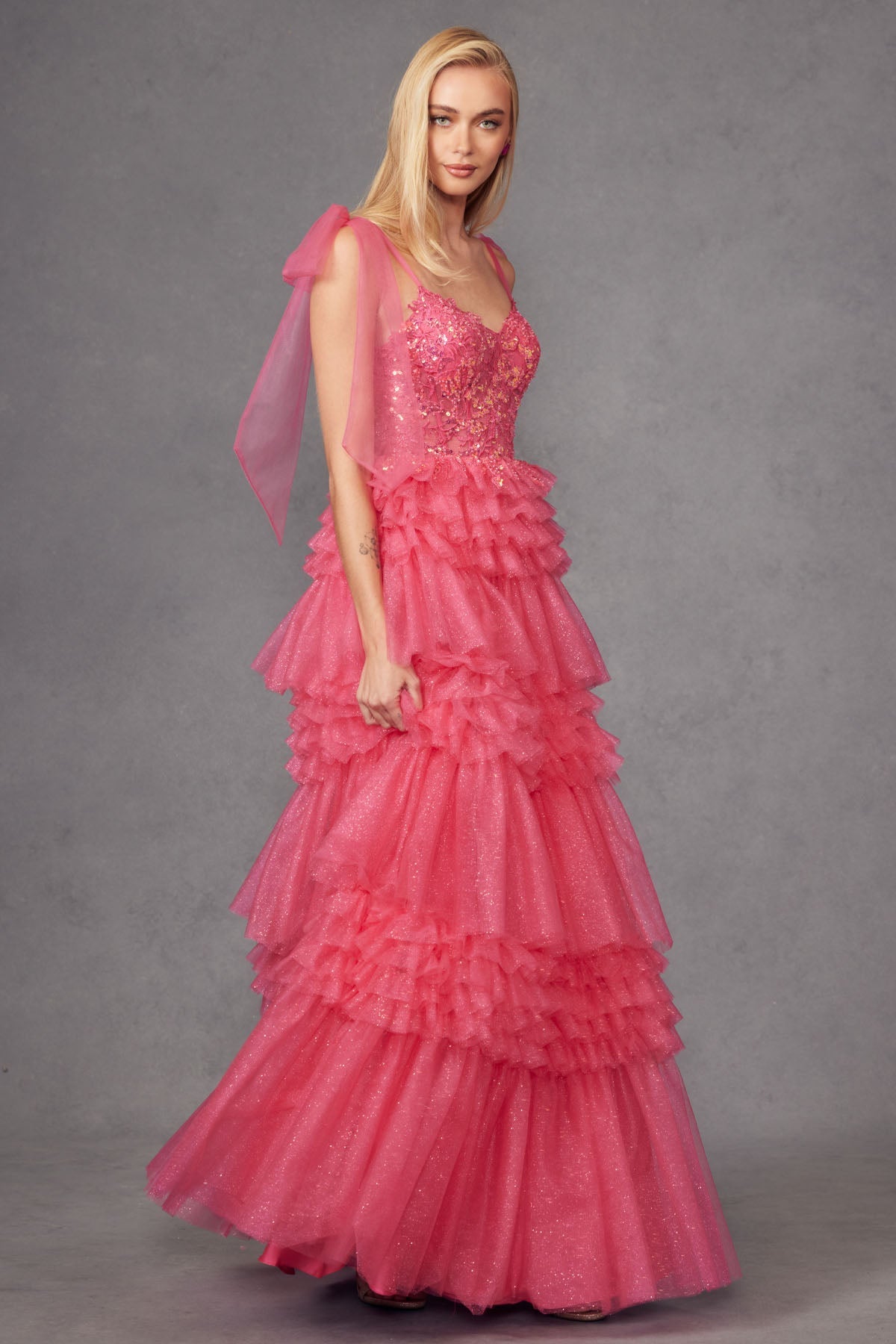 Tiered Ruffle Skirt Tulle Bows On Shoulder Sleeve Long Prom Dress JTJT2465A-8