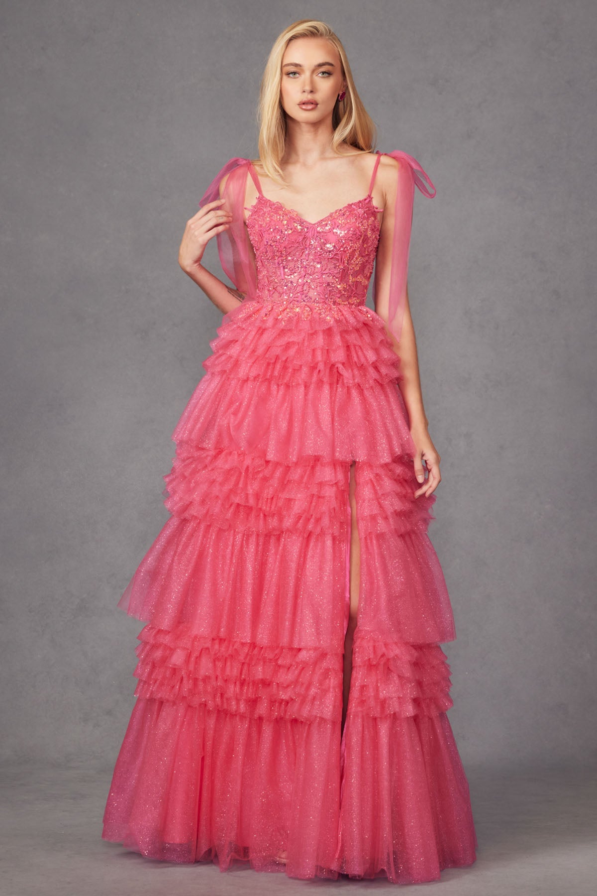 Tiered Ruffle Skirt Tulle Bows On Shoulder Sleeve Long Prom Dress JTJT2465A-9