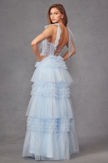 Tiered Ruffle Skirt Tulle Bows On Shoulder Sleeve Long Prom Dress JTJT2465A-5