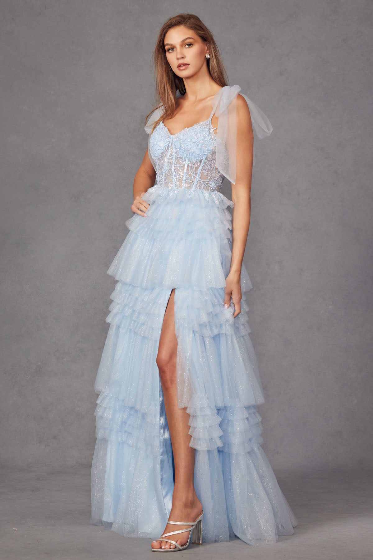 Tiered Ruffle Skirt Tulle Bows On Shoulder Sleeve Long Prom Dress JTJT2465A-3