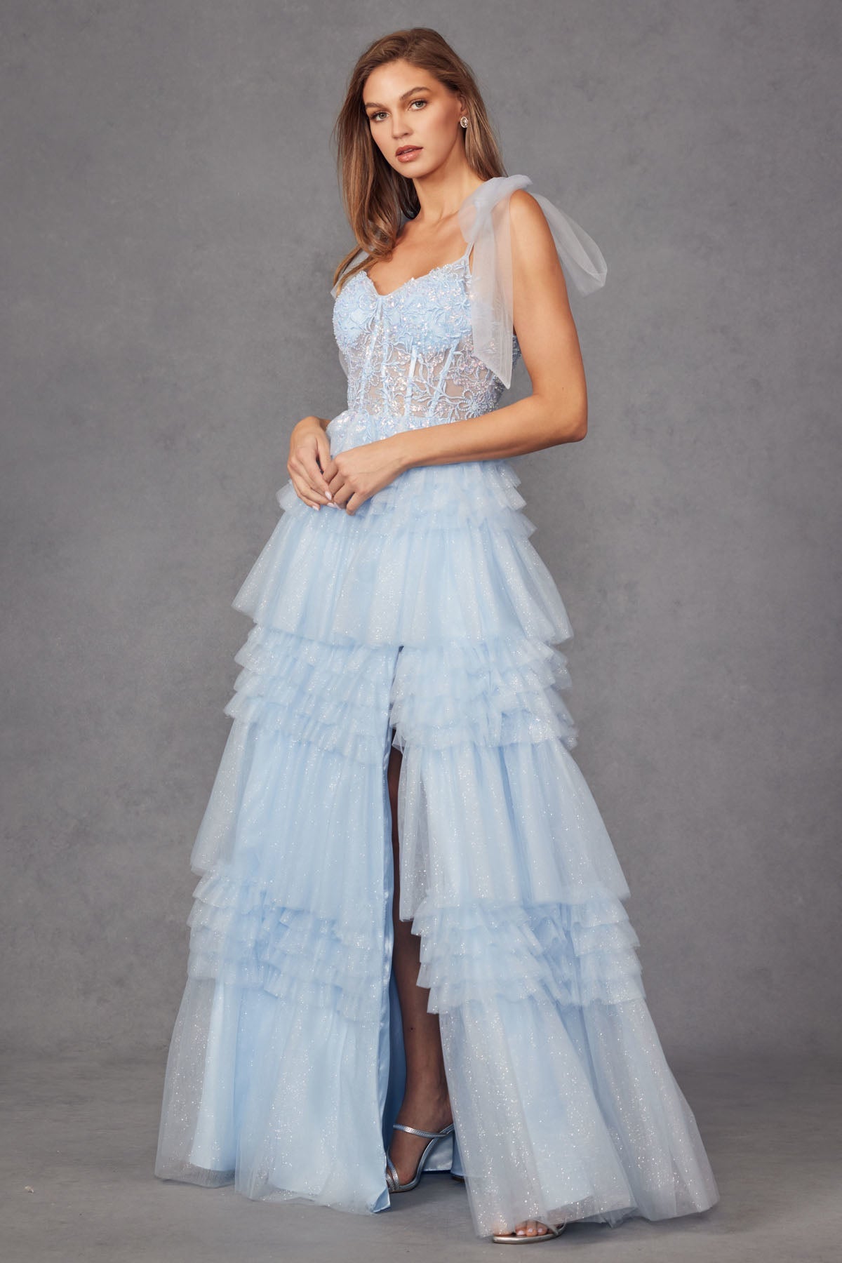 Tiered Ruffle Skirt Tulle Bows On Shoulder Sleeve Long Prom Dress JTJT2465A-4