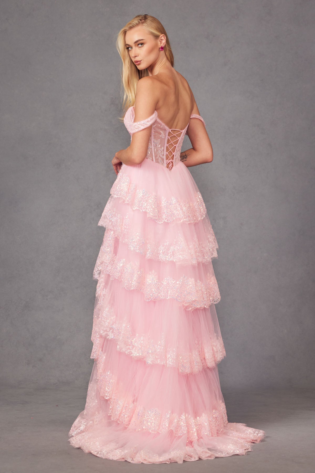 Ruffle Tulle Lace Sequin Off Shoulder Sheer Corset Bodice Long Prom Dress JTJT2467K-5