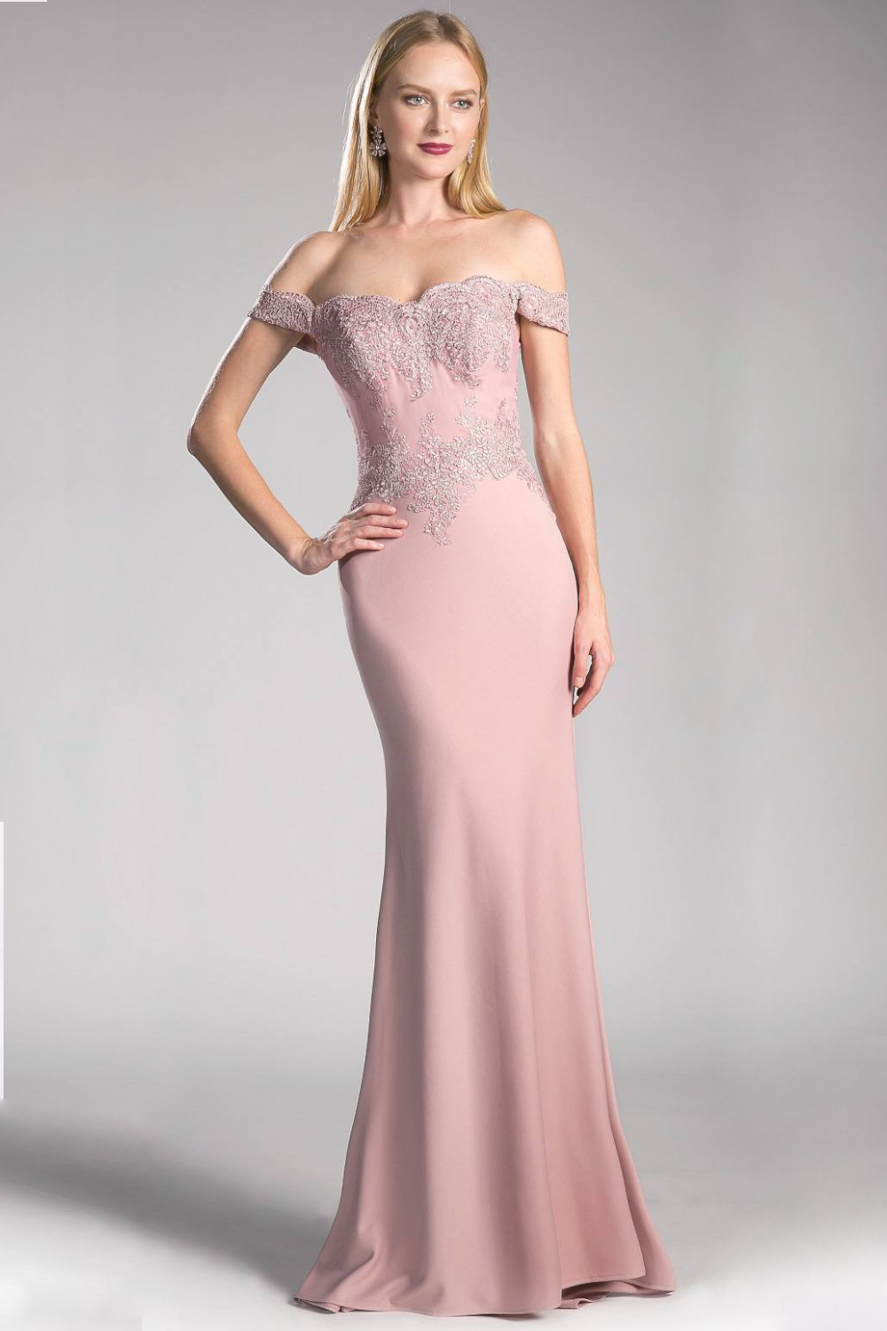 Off the Shoulder Fitted Gown with Lace Applique Details and Stretch Jersey-1