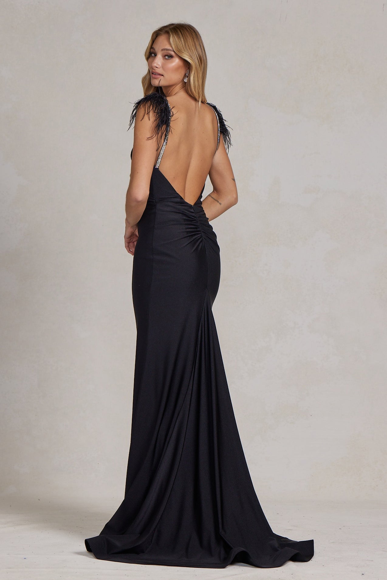 Mermaid Satin Embellished Feather Open Back Long Prom Dress NXT1138-9