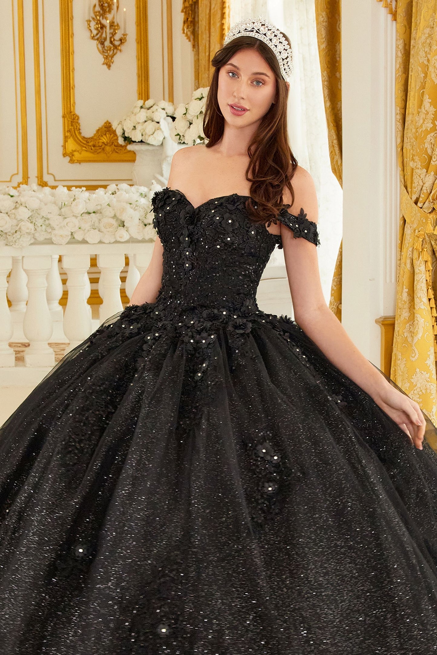 Off The Shoulder Floral Quince Ball Gown-13