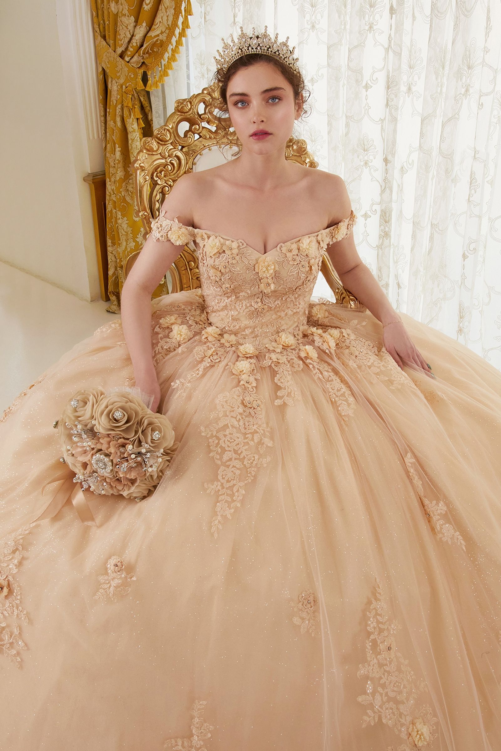 Off The Shoulder Floral Quince Ball Gown-11