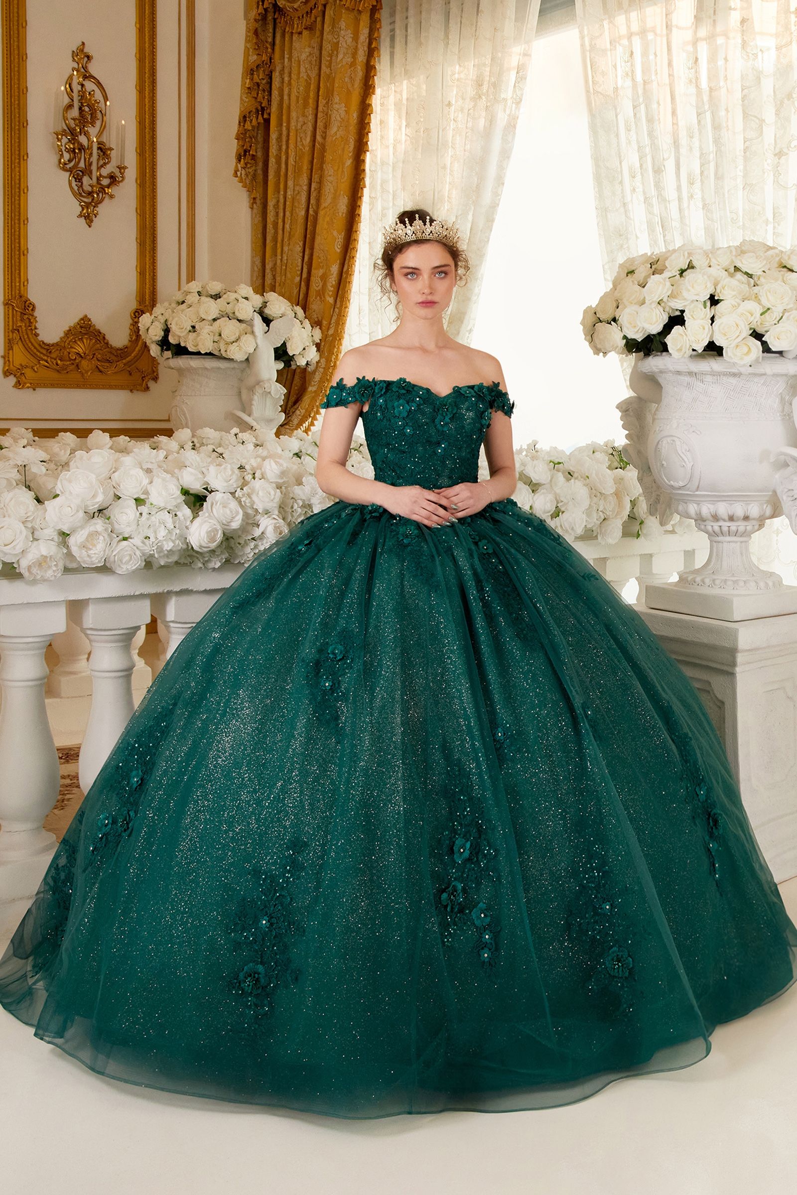 Off The Shoulder Floral Quince Ball Gown-8