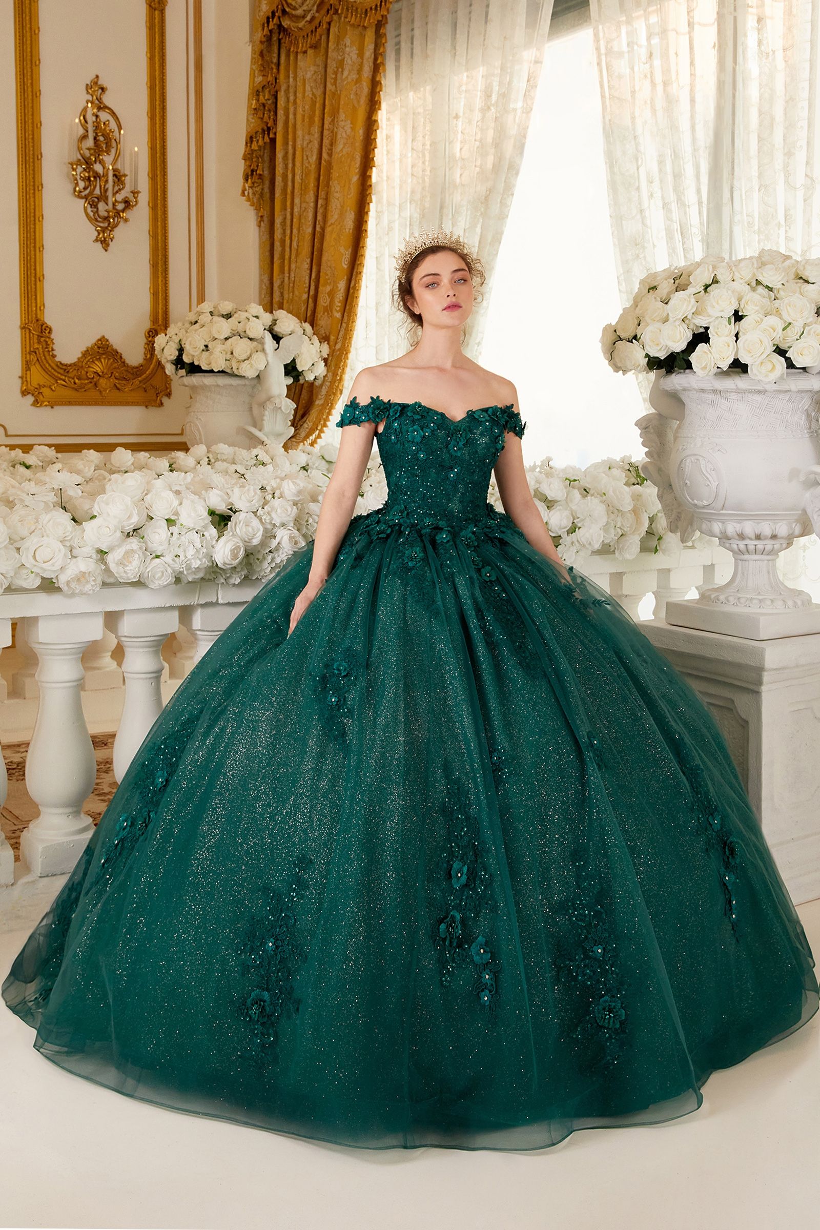 Off The Shoulder Floral Quince Ball Gown-7