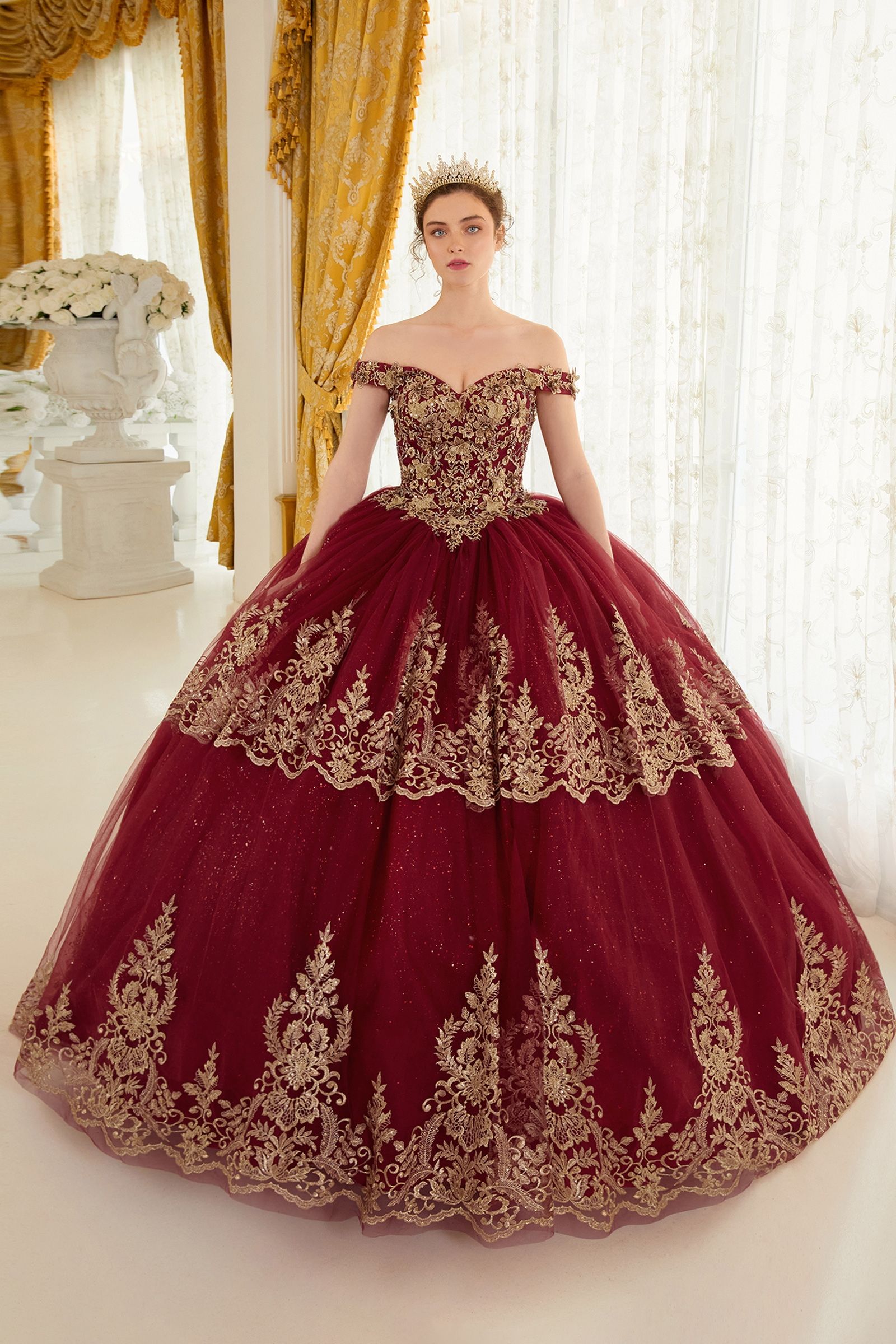 Layered Lace Quinceanera Off Shouder Sweetheart Long Ball Gown CD15705-1