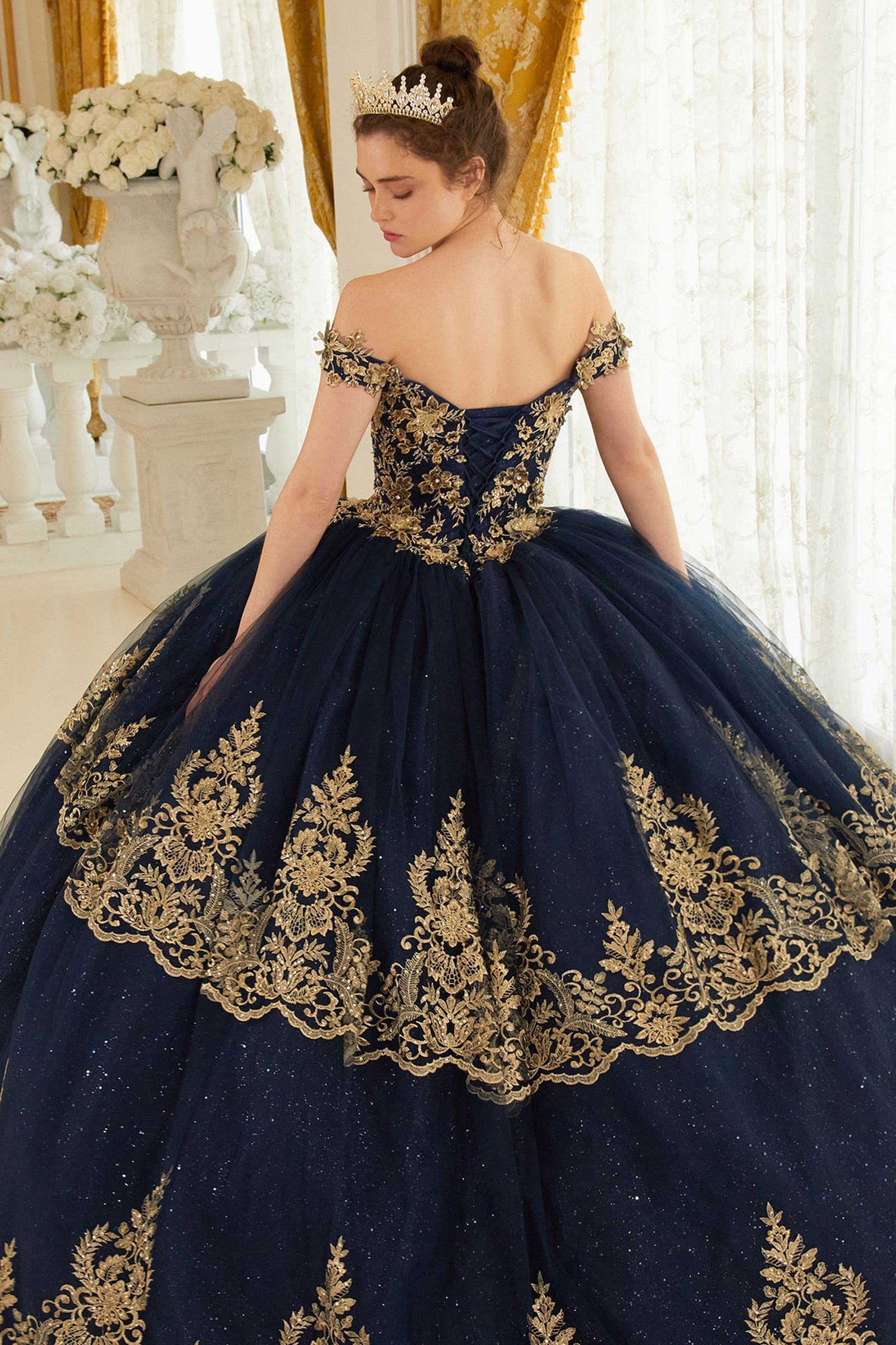 Layered Lace Quinceanera Off Shouder Sweetheart Long Ball Gown CD15705-4