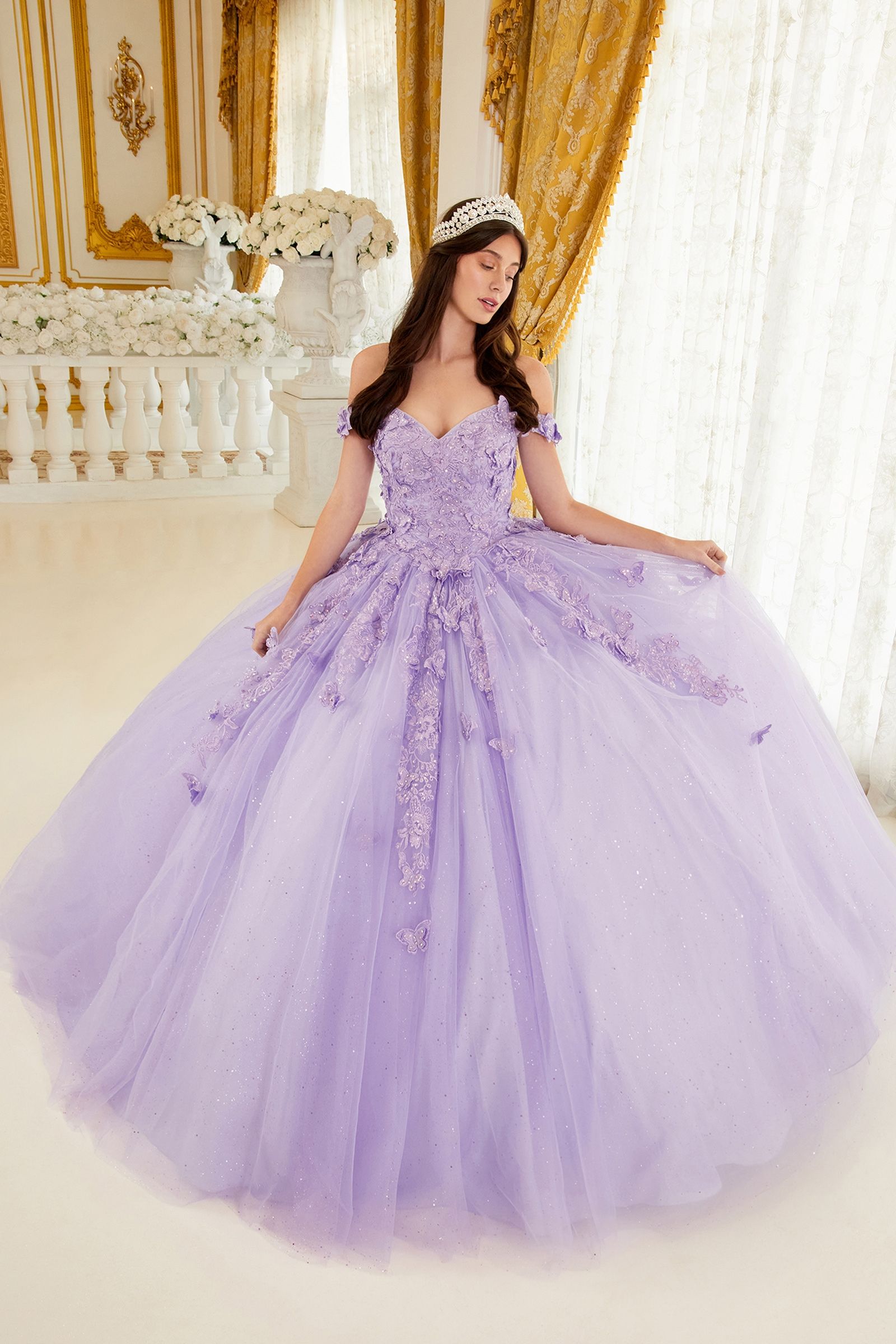 Layered Tulle Ball Gown With Lace Applique-0